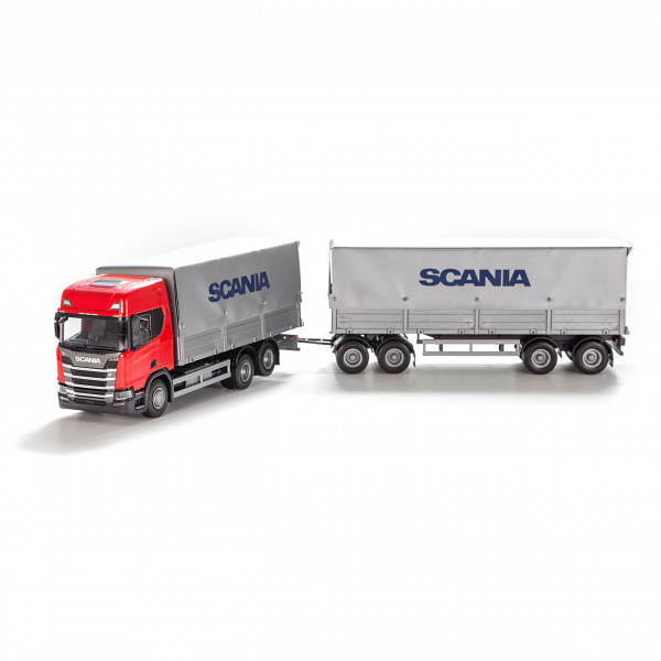 Scania-Planen-LKW mit Anhänger, rot