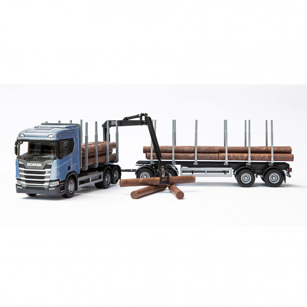 Scania-Holztransporter-Zug mit Ladekran, blau