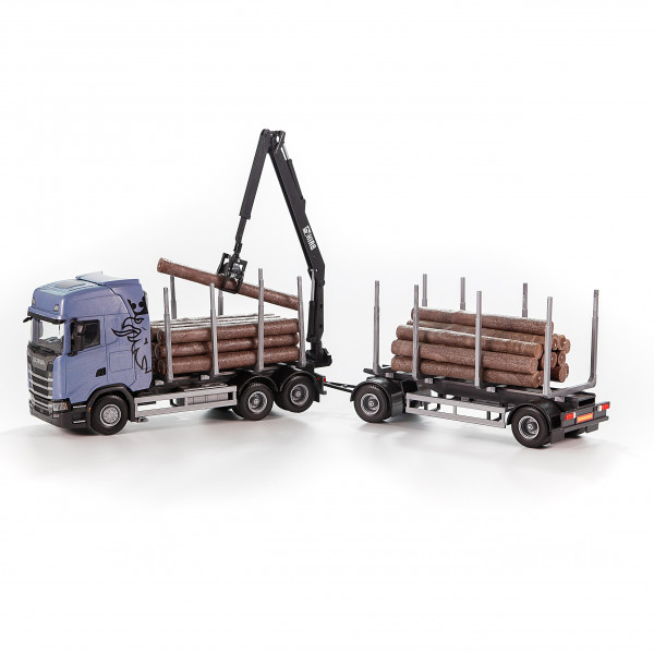 Scania-Holztransporter mit Anhänger, hellblau