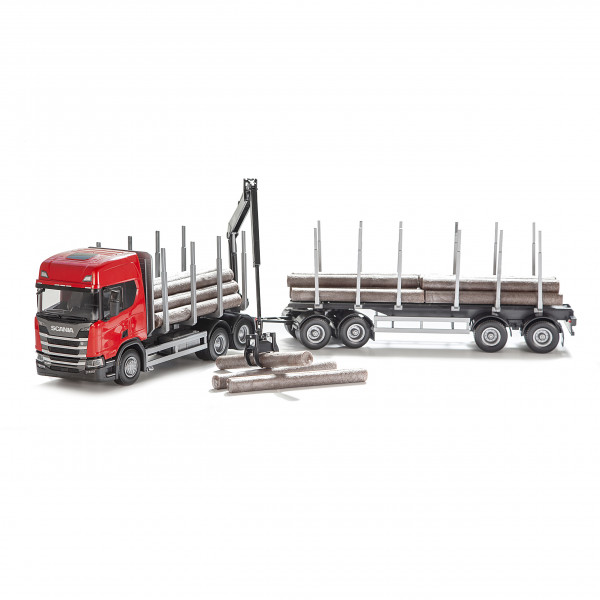 Scania-Holztransporter mit Anhänger, rot