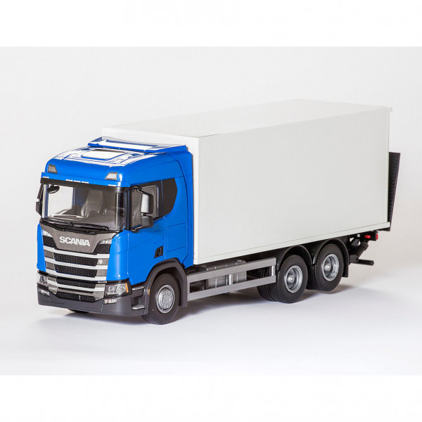 Scania-Lieferfahrzeug mit Hebebühne, blau