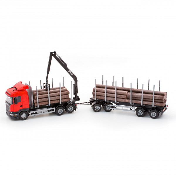 Scania-Holztransporter mit Anhänger, rot