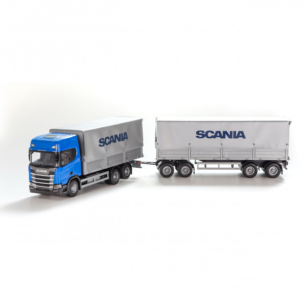 Scania-Planen-LKW mit Anhänger, blau