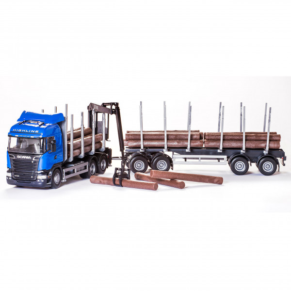 Scania-Holztranporter, Kabinen-Ladekran, blau