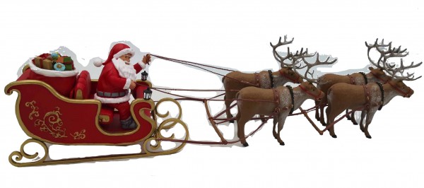 Santa mit Rentierschlitten und 4 Rentieren, Metall