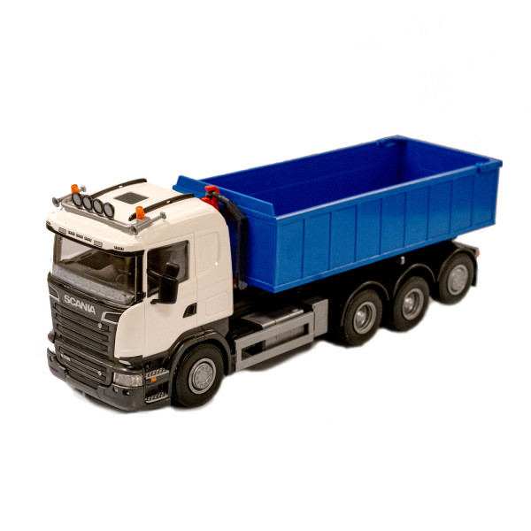 Scania-Absetzmulden-LKW, flacher Container, weiß